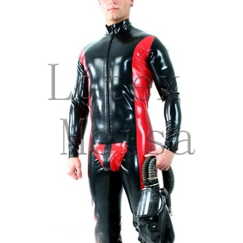 Males latex fetish long sleeve latex bodysuit attached front zip to belly and ass main in black with red trim color