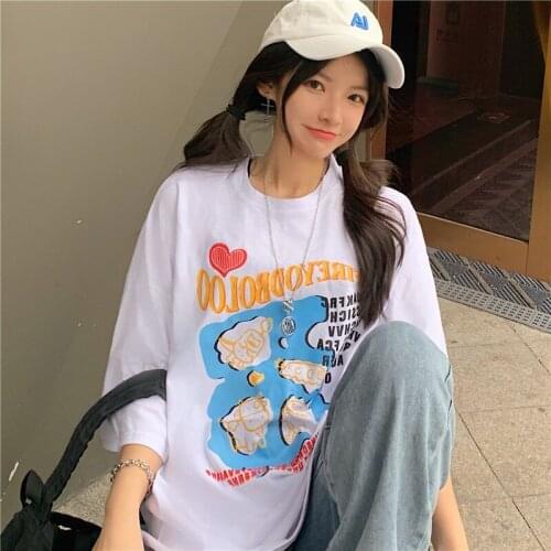 Lazy Cartoon Letter Print Loose Tshirt Womens T-shirts Tops Japanese Kawaii Ulzzang Female Korean Harajuku Clothes For Women