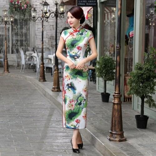 Fashion Improved Daily Cheongsam Slim Long Printed Dress Retro Large Size Package Hip Chinese Women Dress Cheongsam Sexy Qipao