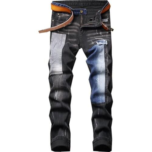 Mens Patchwork Ripped High Street Denim Jeans Mid Waist Slim Black Stretch Pants Trendy Patch Design Spliced Trousers