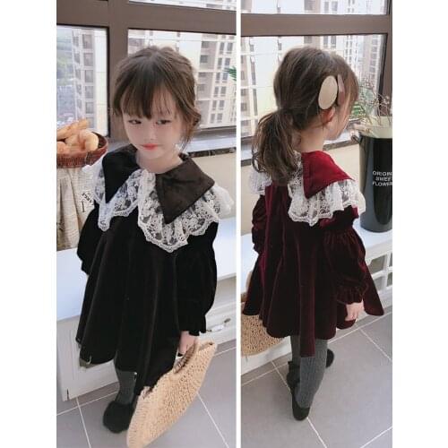 2020 New Girl Dress Childrens Girls Christmas Clothes Kids Dresses for Girls Baby Cute Lace Collar Gold Velvet Casual Dresses