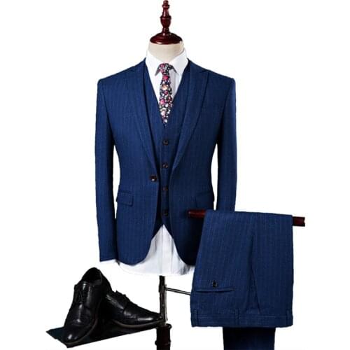 Jacket + Vest + Pants ) Luxury mens suit Three-piece Male Formal Business Plaids Suit Groom Wedding Dress Striped Mens Suit