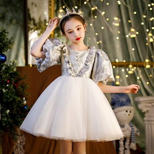 2021 Summer Children Puff sleeve Sequins Evening Gown Kids Birthday Party Princess Dress For Girls Vestidos 3 4 6 8 10 13 years