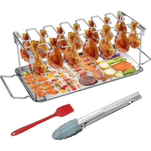 BBQ Beef Chicken Leg Wing Grill Rack 14 Slots Stainless Steel Barbecue Drumsticks Holder Chicken Oven Grill Rack with Drip Pan
