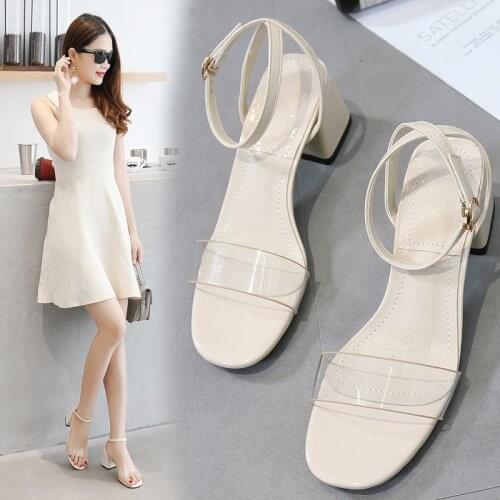 Transparent summer shallow sandals ankle strap cross-tied woman shoes square high heels solid casual femme sandalias mujer 2019