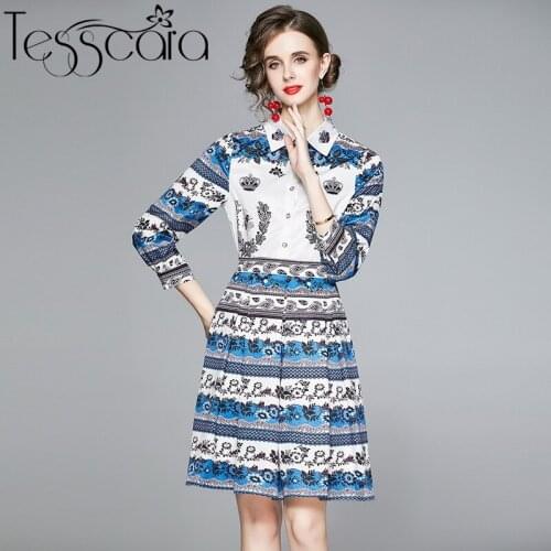 TESSCARA Women Autumn Vintage Dress Shirt Suit Set High Quality Elegant Office Party Robe Femme Runway Designer Short Vestidos