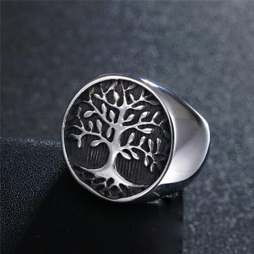 Vintage Punk Tree of Life Signet Solid Stainless Steel Ring Biker Ring High Polished Never Fade Men Jewelry