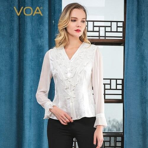 VOA silk 25m/m jacquard deep V-neck georgette long sleeve three-dimensional loose-leaf design slim single-breasted shirt B9581