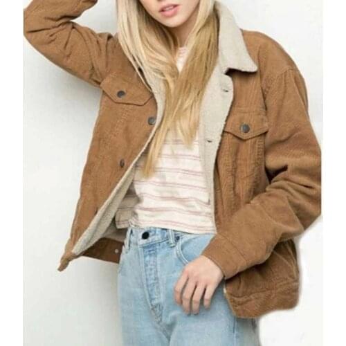 Splicing Cotton Casual Pockets Solid Turn-down Collar Button Autumn Winter Womens Jacket European Wool Collar Lamb Corduroy