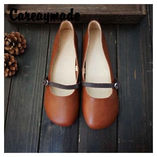 Careaymade-Handmade leather womens shoes, RETRO art style head layer cow leather flat heel and shallow mouth single shoes