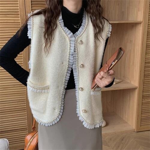 Alien Kitty Pearl Ruffles Vest Elegant Slim Office Lady 2021 Chic Fashion Casual High Quality Streetwear Femme Sleeveless Coats