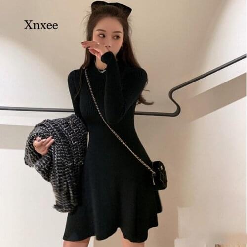 Autumn and Winter Ladies Sweater Dress Skirt Solid Color Brief A-Line Short Skirt Womens Long-Sleeved Knitted Dress