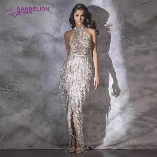 Luxury Halter Rhinestones Evening Dress 2020 For Women Sleeveless Pendant Beads Backless Mermaid Formal Party Gowns