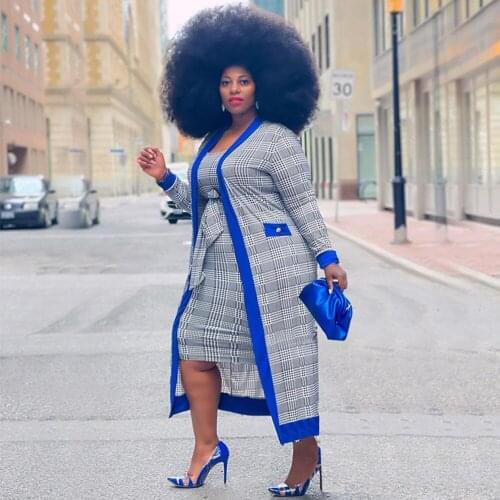 ZJFZML ZZ Women Clothing Two Piece Set Large Size Plaid Print Tank Midi Dress+chic Full Sleeve Cardigan Dropshipping Wholesale