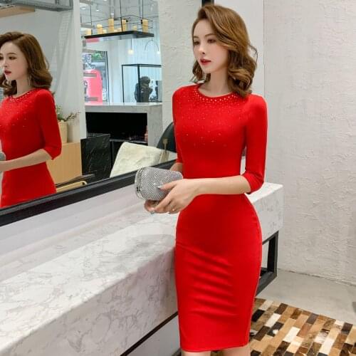 2020 Women Three-quarter Sleeve O Neck Elegant Dresses Vintage Bandage Dress Spring Sexy Party Bodycon Pencil Office Dresses