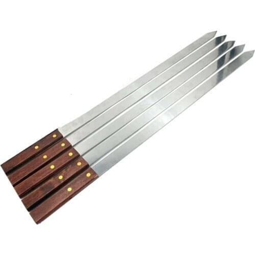 5Pcs Stainless Steel Wide BBQ Skewers Wood Handle Barbecue Fork Stick Barbecue Fork BBQ Tools