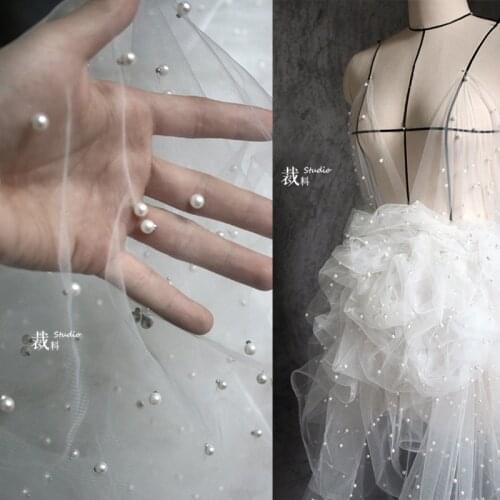 Irregular Beaded Mesh Lace Dress Imported See-through Fabric with Pearl Curtain Creative Designer Cloth