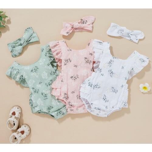 Floral Printing Bodysuit With Headband Baby Girls Boys Ruffle Sleeveless Bodysuits Cotton Linen Summer Jumpsuit Toddler Infant