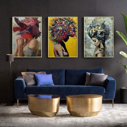 Floral Girls Printing Art Canvas Paintings Poster Flower Wall Picture for Living Room Self Portrait Home Decoration