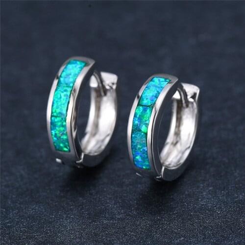 Classic Silver Color Small Hoop Earrings Vintage Female Green Opal Stone Earrings For Women Dainty Bridal Round Wedding Earrings