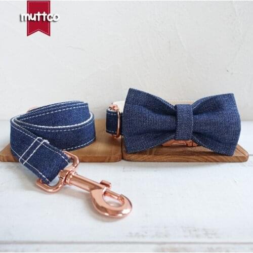 MUTTCO retailing self-design collar for dog THE WHIE JEAN mazarine and white dog collar and leash with bow tie 5 sizes UDC036M