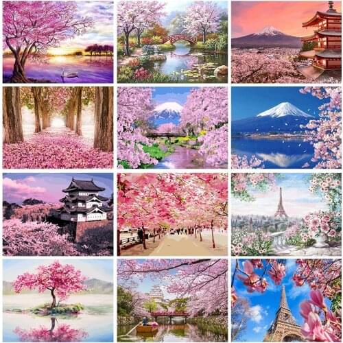 5D DIY Poured Glue Diamond Painting Kits Scalloped Edge Cherry Blossom Landscape Full Round With AB Drill Handcraft Gift Decor