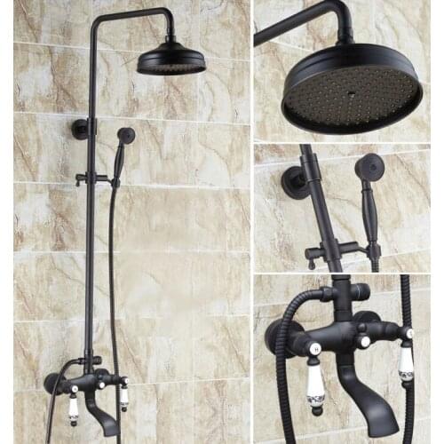 Black Oil Rubbed Brass Wall Mount 8" Rain Bathroom Rainfall Shower Faucet Set with Hand Spray Shower Head Tub Mixer Tap 2hg121