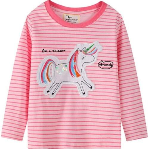 New Autumn Spring Cotton T shirts For Girls Clothes Stripe Animals Unicorn Applique Tee Girls T shirts Clothing