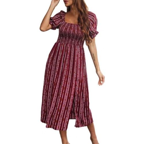 Casual Dress Women Elegant Puff Sleeve Square Neck Female Sundress Elastic Tube Top Vintage Ethnic Print Office Lady Dress