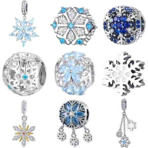 BISAER 925 Sterling Silver Snowflake Beads Charms Fit Snowflakes Beads Bracelets Christmas Gift silver 925 Jewelry making ECC247