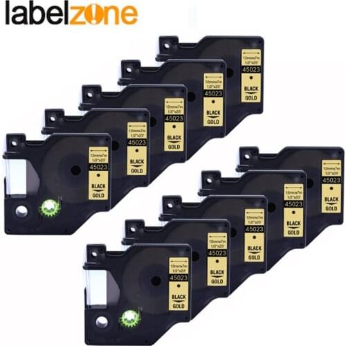 10pcs 12mm 45023 black on gold compatible dymo D1 12mm label printer 45023 laminated label tapes for LabelManager 160 printer