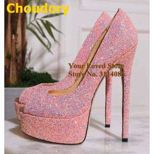 Choudory Pink Bling Bling Sequined High Heel Shoes Glittering Grete Wedding Shoes Platform Paillette Dress Pumps Dropship Heels