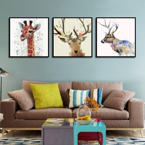 Modern Cute Watercolor Giraffe And Elk Home Decor Poster Print Wall Art Canvas Painting Picture Bedroom Decoration Custom