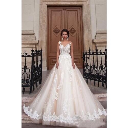 Illusion Neckline Lace Pearls Sexy Back Modest Plus Size Bridal Gowns Vintage Mila Nova Champagne Princess Wedding Dresses