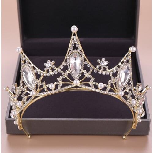Vintage Baroque Gold Rhinestone Crystal Pearl Crown Bridal Headpiece Queen Tiand and Crown Hair Jewelry Wedding Hair Accessories