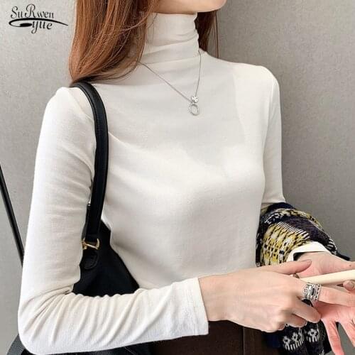 Long Sleeve Turtlenet Top Womens New Style Slim White T-shirt New Fashion Turtleneck Elastic Basic Bottoming Shirt Women 12660