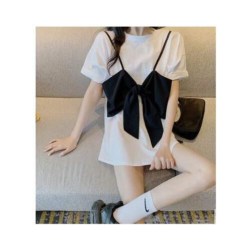 2021 new trendy summer short-sleeved t-shirt short-sleeved t-shirt female bowknot fake two-piece short-sleeved round neck