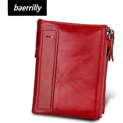 Cowhide Genuine Leather Women short Wallet Bifold lady ID Card Holder Coin Purse Double Zipper Small female retro mini Purses