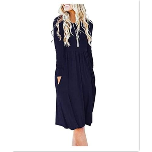 Womens Pockets Long Sleeve O-neck Empire Waist Pleated Loose Swing Casual Flare Dress Black Navy Blue Green plain mini robe