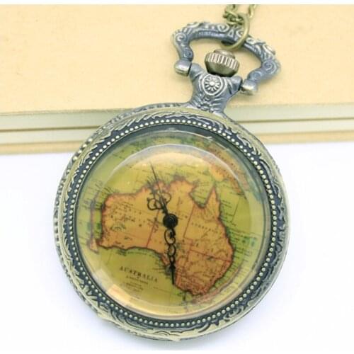 10pcs in Steampunk Map dail cranberry glass Quartz pocket watch Retro necklace watch unique party nostalgia gift