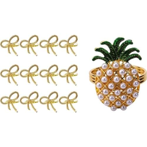 New 6Pc Napkin Rings Pineapple Shape Pearl Beaded Shining With 12Pc Simple Golden Napkin Ring Butterfly Bow Tie Napkin Ring