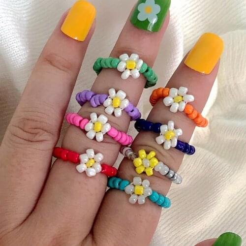 Bohemian Colorful Beaded Daisy Flower Resin Ring For Women Girls Handmade Beads Round Finger Adjustable Rings Sweet Jewelry Gift