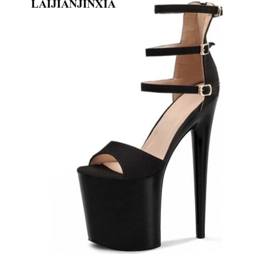 Sexy Patent leather Open Toe Belt buckle Womens Sandals 20 cm High heeled shoes Super Big Size Thin heels Party Dance Shoes