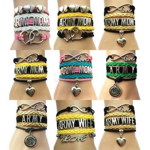 Infinity Love Army Wife/Army Mom Bracelet- Handmade Leather Multilayer Strand Velvet Heart Charm Mothers Day Gift