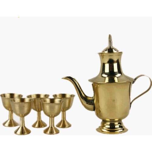 Buddhism Supply Pure Copper Teapot Flagon Wine Set Copper Cup Bronze Furnishing Articles Bless Prayer Worship Buddha Cup