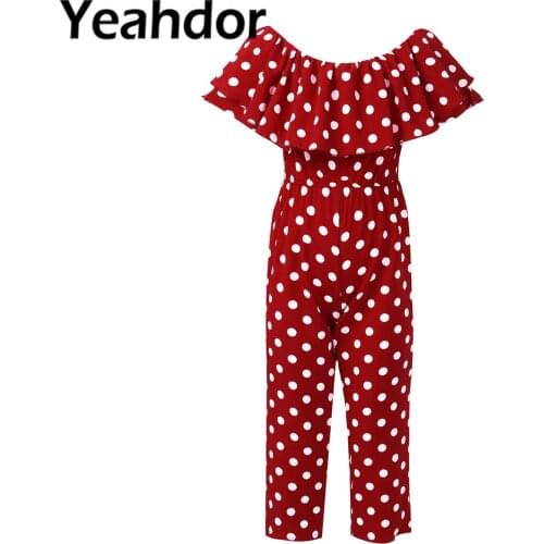 Kids Girls Summer Casual Dresses 2021 Off Shoulder Short Sleeves High Waist Polka Dots Print Pants Jumpsuit Bodysuit Streetwear