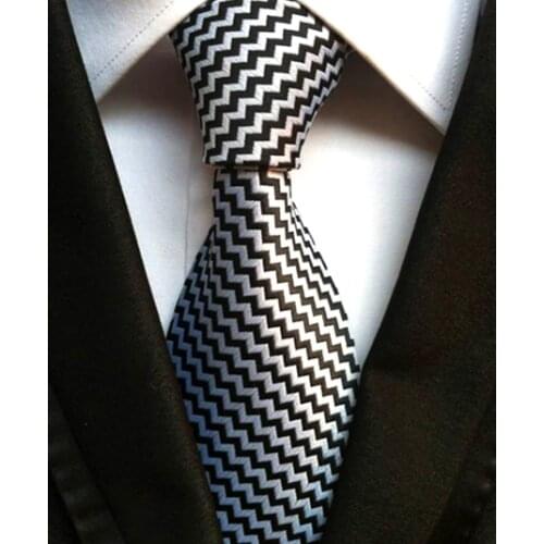8cm Designer Classic Tie Mens Woven Necktie Black with White Geometric Stripe