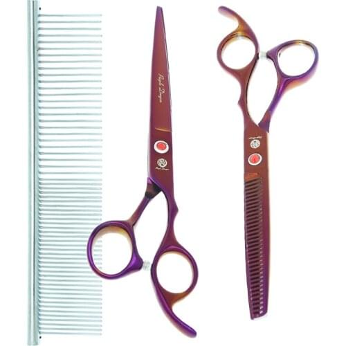 Purple Dragon 7 inch Animal Cutting Thinning Scissors Steel 440c Pet Grooming Shears Cat Curved Tijeras Dog Fur Clipper B0020B