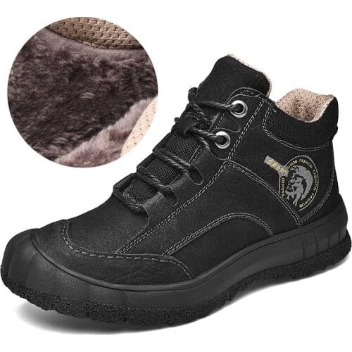 Genuine Leather Quality Mens Boots Winter with Fur Warm Plush Snow Boots Men Casual Shoes Outdoor Sneakers Luxury Hiking Boots