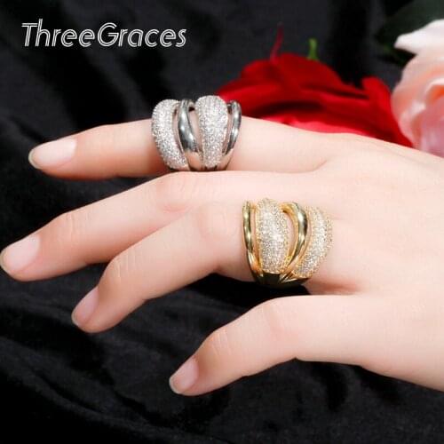 ThreeGraces Luxury Mirco Pave Sparkling Cubic Zirconia Gold Color Big Adjustable Finger Ring Wedding Fashion Women Jewelry RG128
